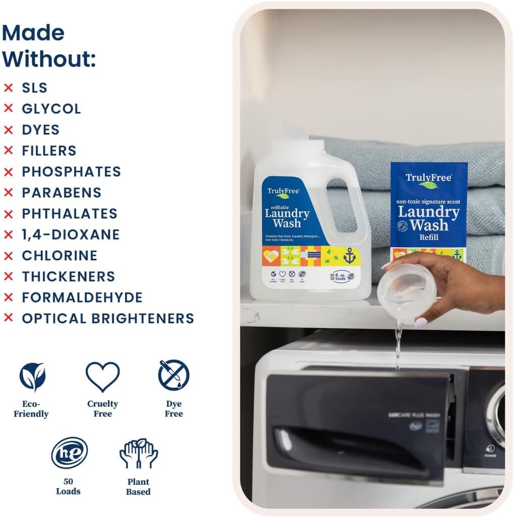 Laundry Wash Detergent for Sensitive Skin, Gentle & Safe for Baby Clothes | Plant-Based, Natural Ingredients | Unscented | Include 1 Refillable Bottle (150 Loads)