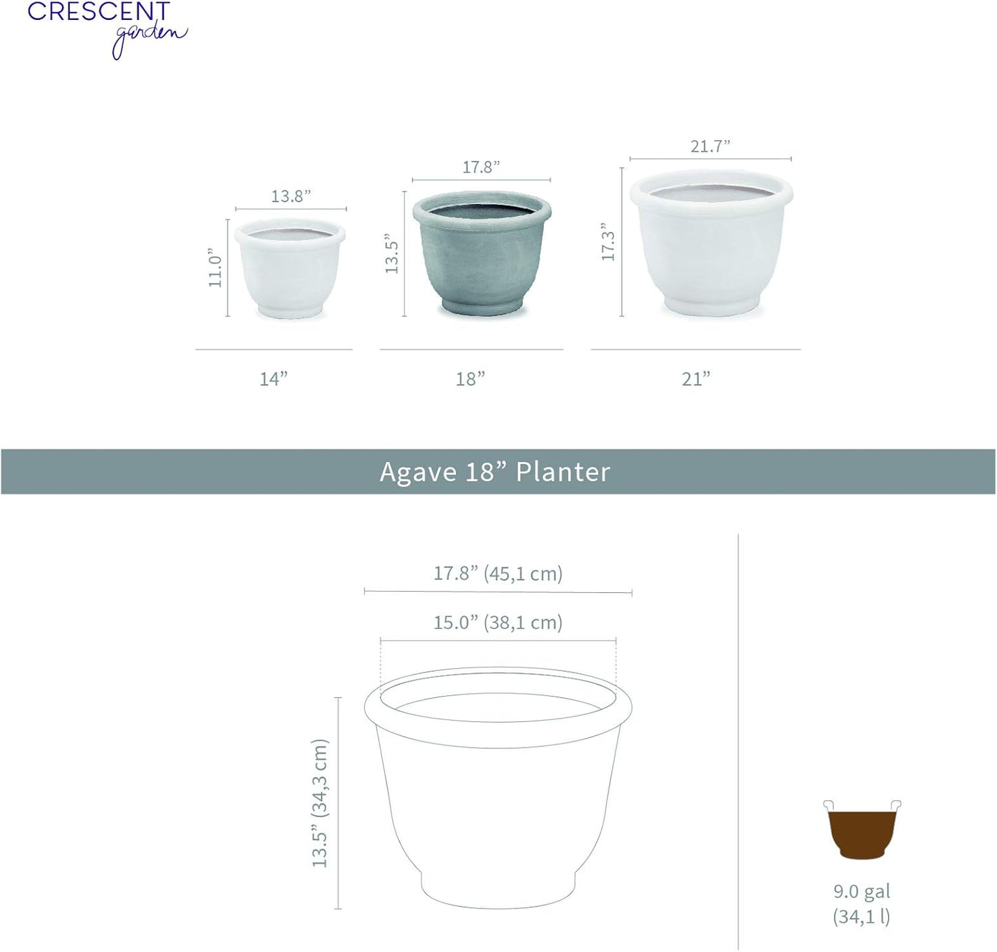 Crescent Garden Agave Planter, Charming Old-World Plant Pot, 21-Inch (Parchment)