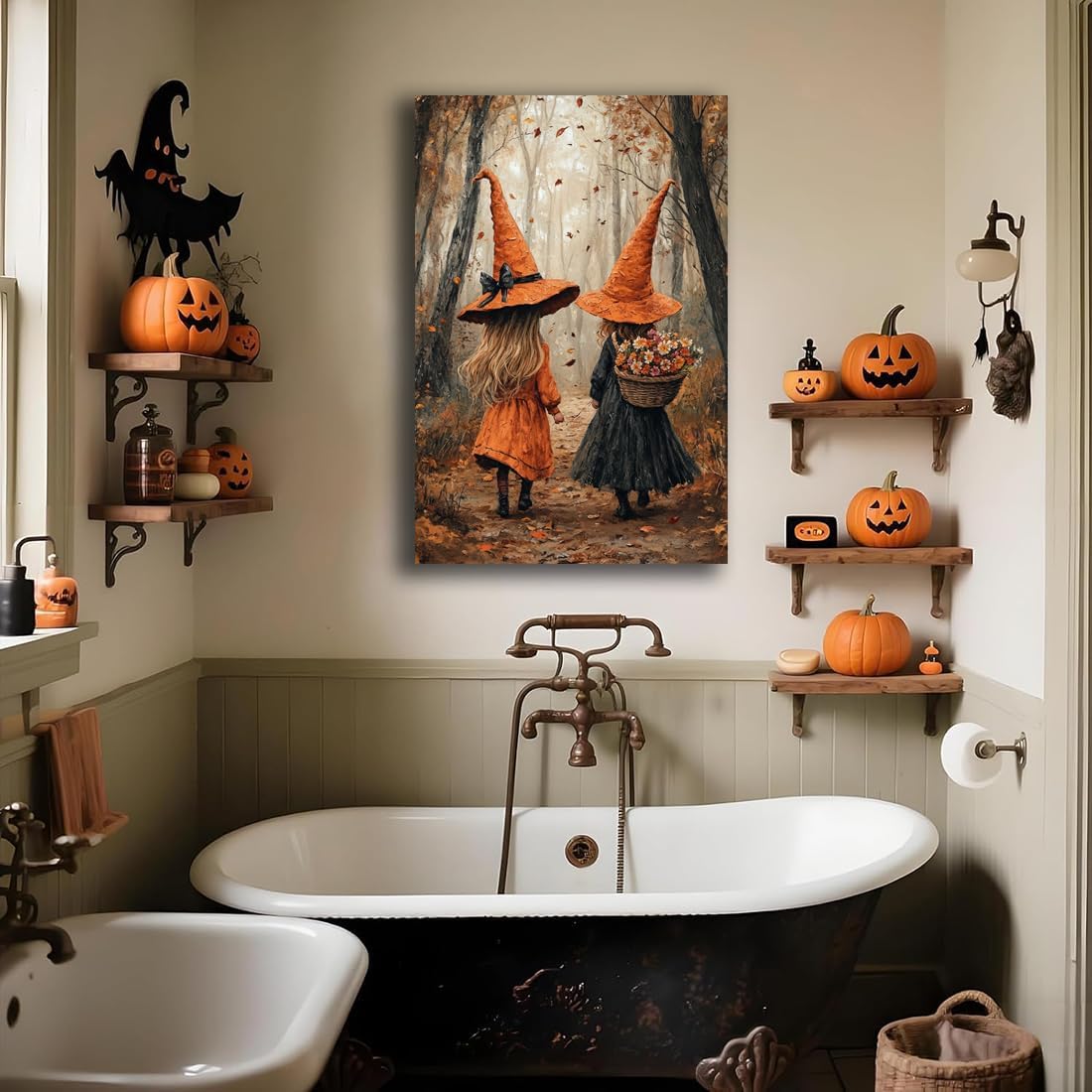 Fall Wall Art Witch Picture Decor,Little Girl Witch Halloween Wall Art, Vintage Autumn Whimsical Woodland Forest Picture, Family Room Nursery Playroom Children Room Decoration,24"x36" Framed