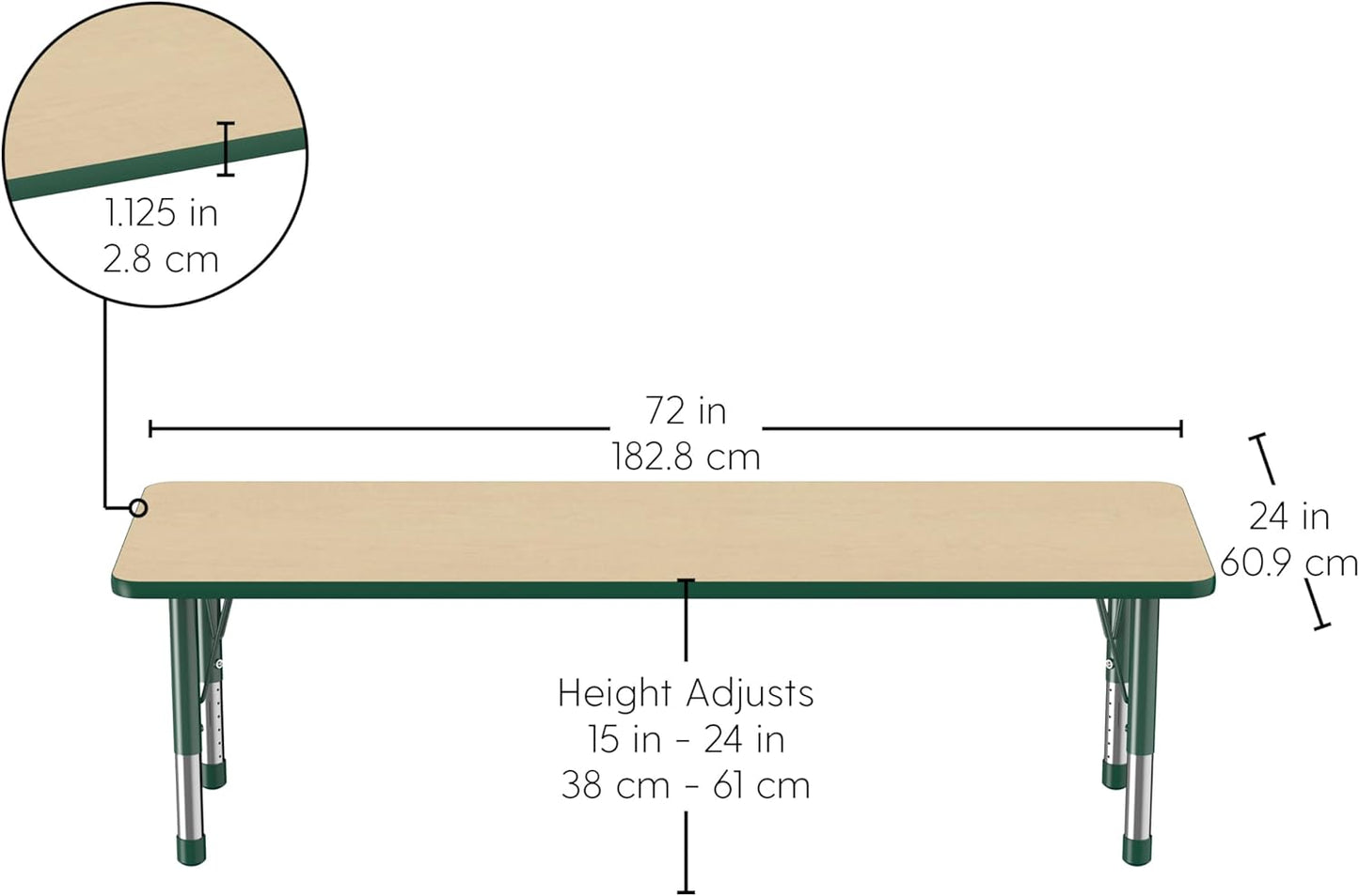Factory Direct Partners FDP Rectangle Activity School and Classroom Kids Table (24 x 72 inch), Chunky Toddler Legs, Adjustable Table Height 15-24 inches - Maple Top and Green Edge