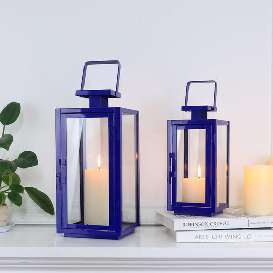 DECORKEY Lantern Decorative Outdoor&Indoor, 17''&13'' Set of 2 Blue Metal Candle Lanterns Decor, Modern Hanging/Tabletop Candle Holders for Home Porch Patio Wedding Christmas Fall Decorations