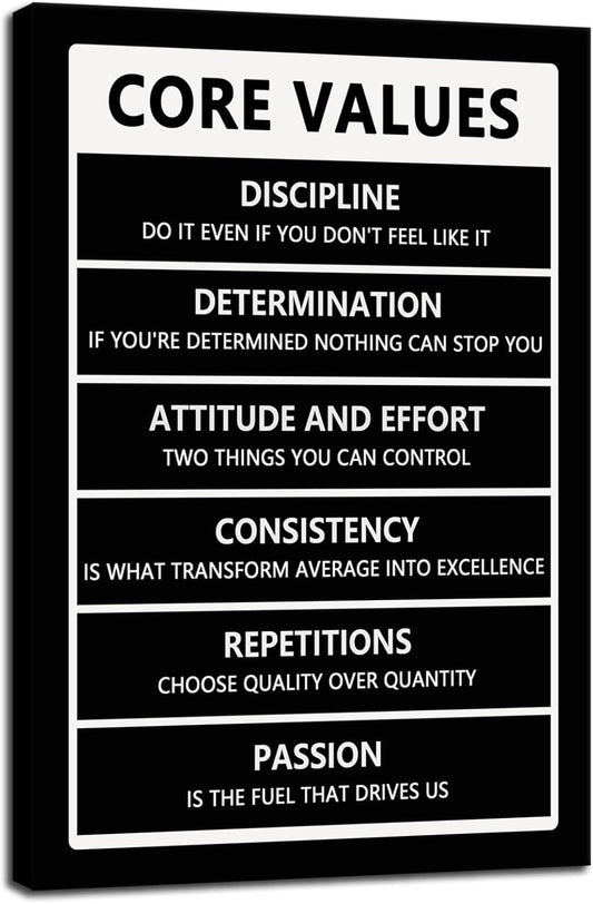 Core Values Inspirational Posters Motivational Canvas Wall Art Inspiring Entrepreneur Quotes Painting Modern Positive Posters Prints Artwork for Office Gym Living Room Decor Framed[24" W x 36" H]