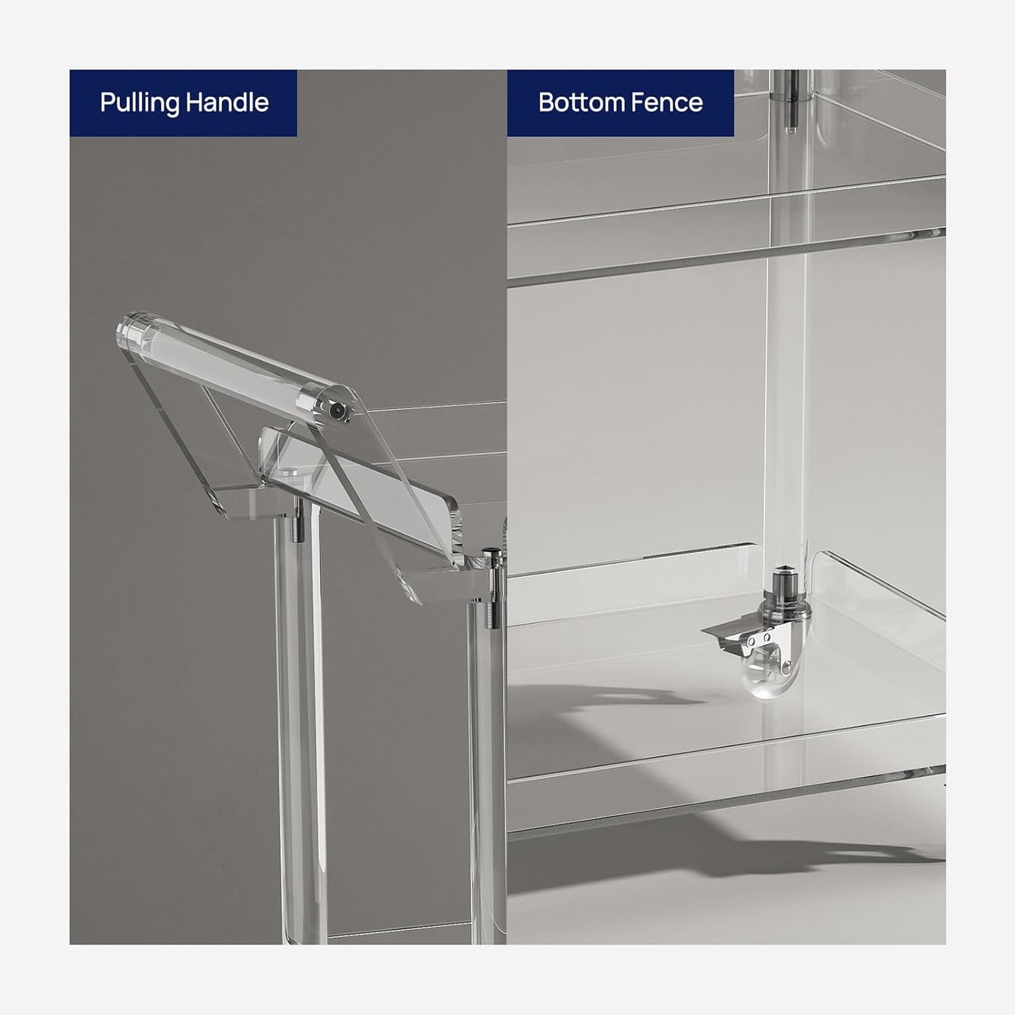 HMYHUM Acrylic Bar Cart with 4 Lockable Wheels, 30.5" L x 15.2" W x 34.5" H, Rolling Serving Cart for The Home Bar, Kitchen, Living Room, with Pulling Handle, Modern, 3-Tier, Clear