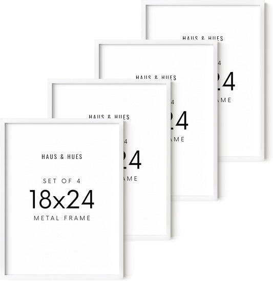HAUS AND HUES 18x24 White Metal Picture Frames - Features Premium Aluminum, Vertical & Horizontal Hang, Shatterproof Plexiglass - Perfect for Home, Room, Office (18x24 in, White, Set of 4)