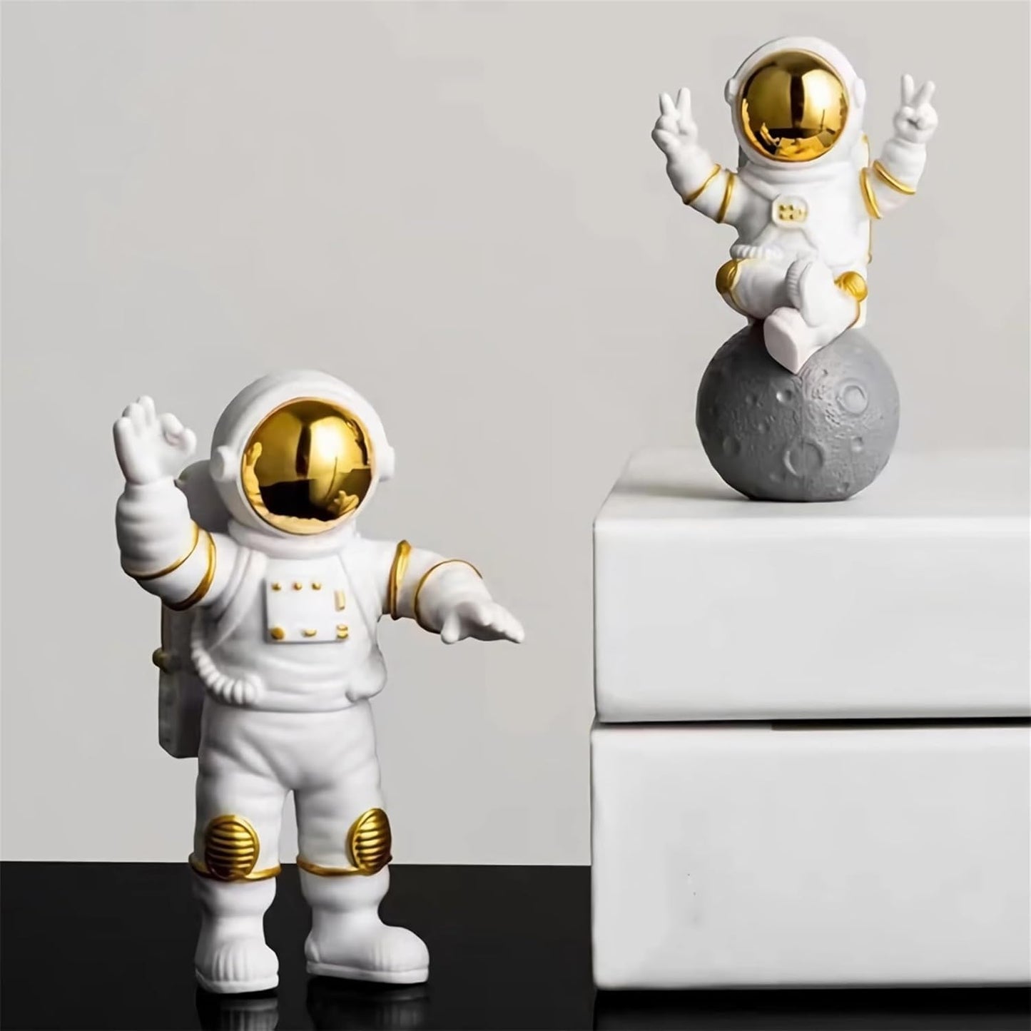 Gold White Astronaut Statues Set of 3, Outer Space Sculpture Figurines for Home Decor Cake Toppers