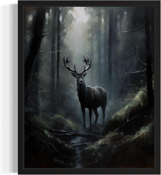 Deer in Forest Poster Art Print, Halloween Scary Vintage Wall Art Academia Spooky Painting Decoration for Horror Prints, Gothic Posters Bedroom Decor 89 (Deer in Forest, 11 x 14 inches, Unframed)