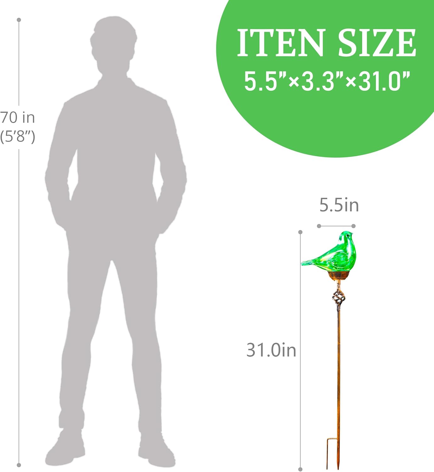 Decorative Solar Lights Outdoor Solar Bird Stake Lights Hand Blown Glass Decorative Garden Pathway Lights Outdoor Waterproof Glass Stakes (Green)