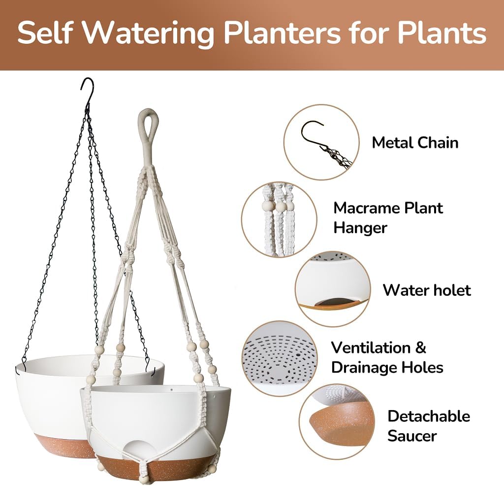 12 Inch Hanging Baskets for Plants Outdoor, Hanging Planters for Indoor Outdoor Plants, Hanging Planter with Self Watering, Hanging Flower Pots (White Planter with Macrame + Iron Hangers)