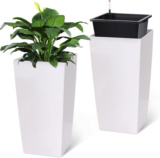 30 Inch Tall Planters Set of 2, Front Porch Self Watering Pots with Drainage Holes ＆ Water Level Monitor ＆ Inner Bucket