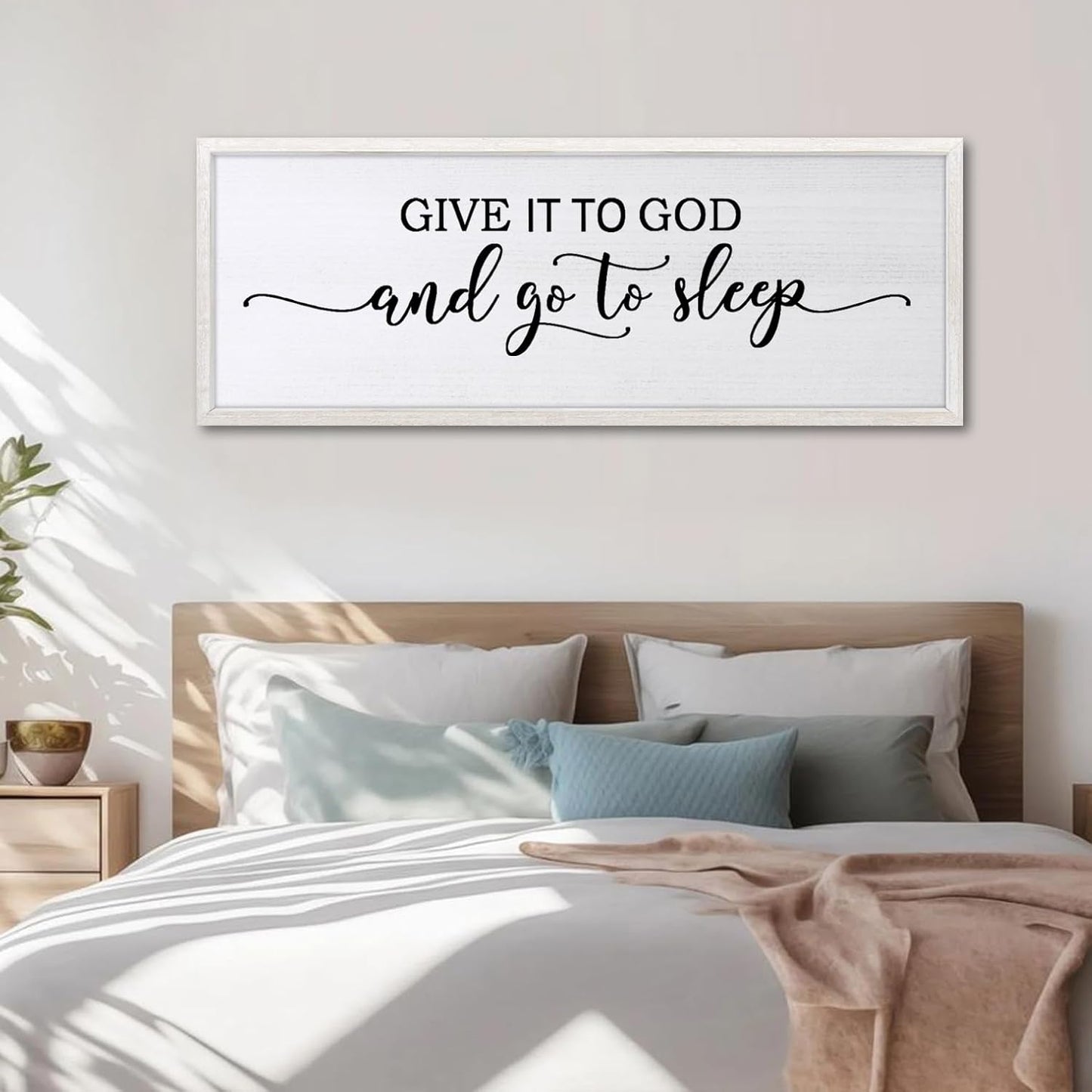 FZZHYQCHY Give It To God And Go To Sleep Above Bed Wall Decor Art 24"X10" Master Bedroom Over Bed Wall Wood Framed Sign (White)