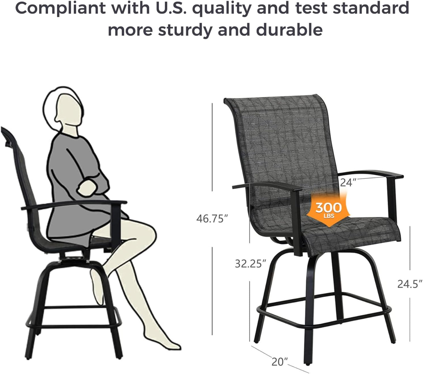 Grand patio Outdoor Swivel Bar Stools with Armrests Backs, 24" Height Patio Chairs for Porch Deck, Set of 4, Outdoor Sling Fabric (Black&Grey Plaid, 4PC)