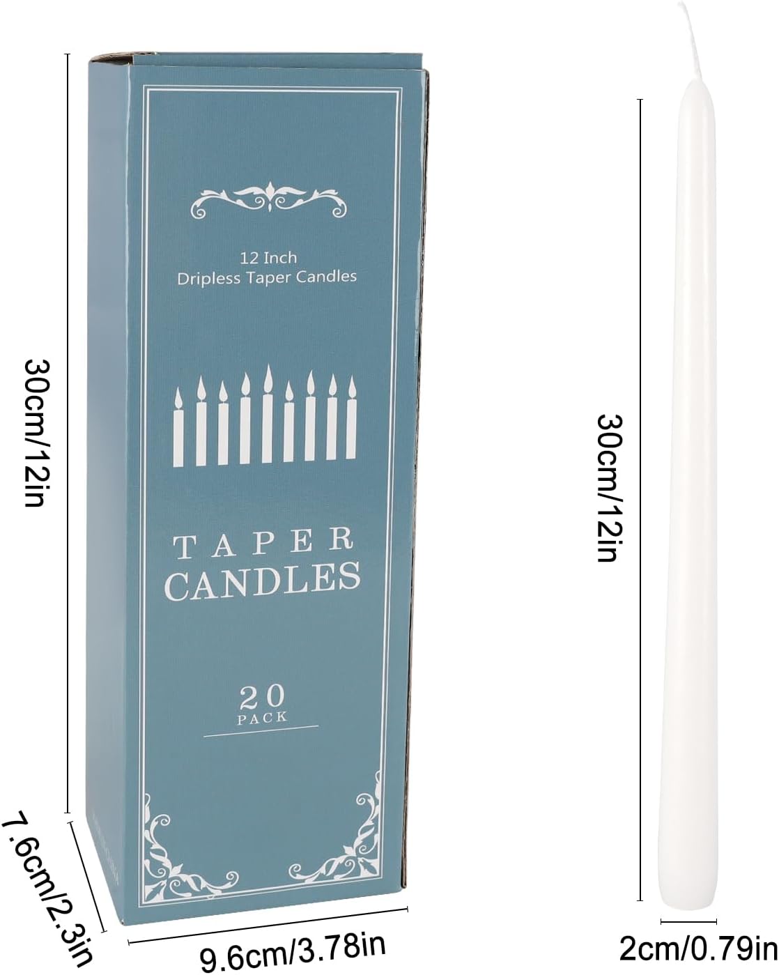 20 Pack White Taper Candles 12 Inch Tall 3/4 Inch Thick Burn 10 Hours
