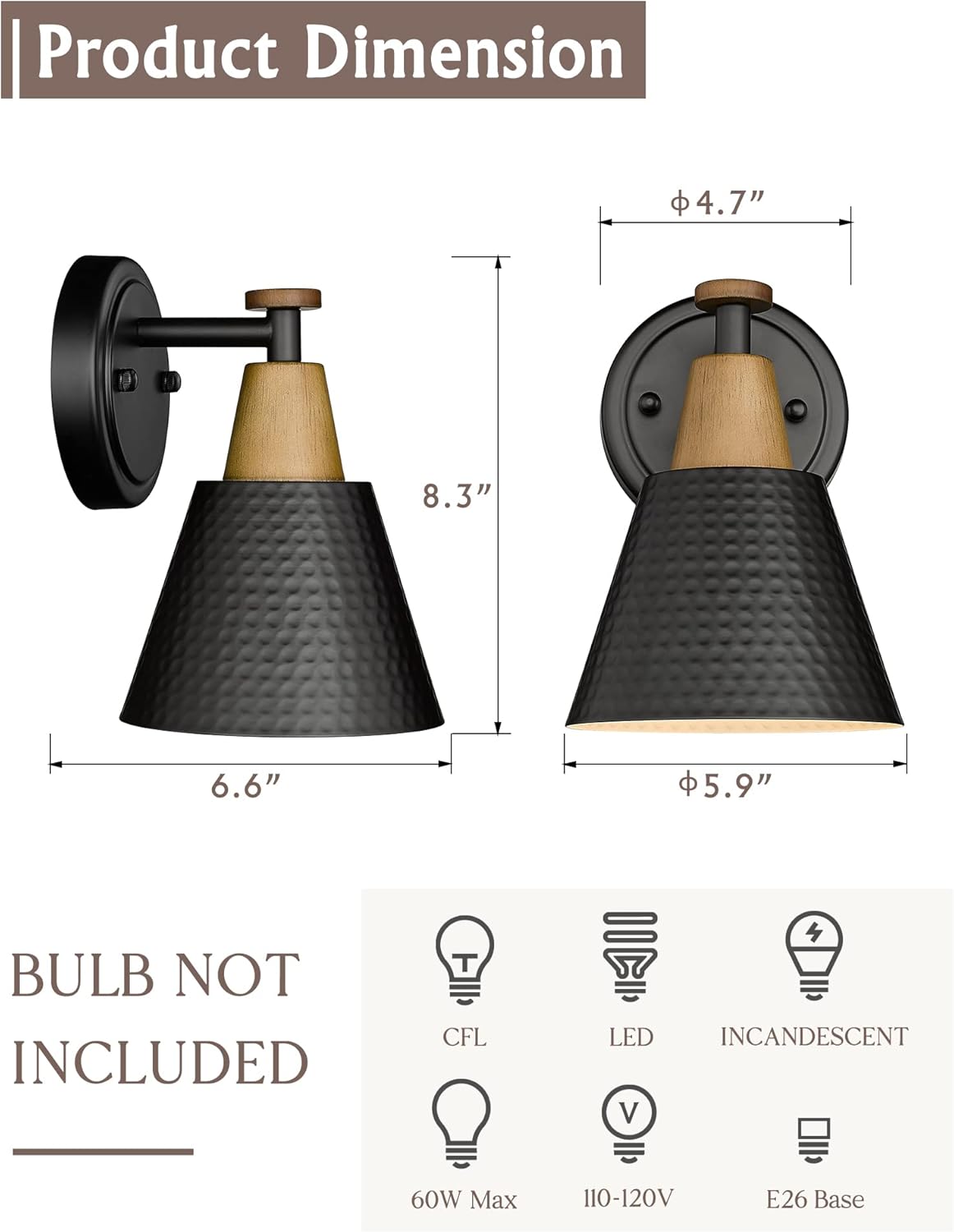 FEMILA Wall Sconces Set of 2, 1-Light Matte Black Bathroom Light Fixtures, Modern Single Vanity Light Wall Lamp with Hammered Metal Shade, 4FG59B-2 BK