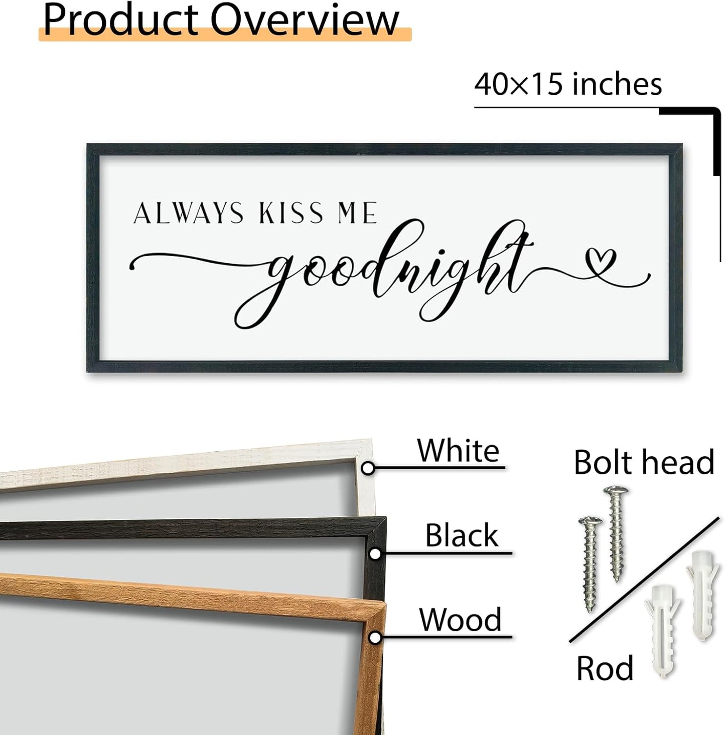 comurdyo Always Kiss Me Goodnight Sign for Bedroom Above bed Wall Decor 40''×15'' Large Wood Frame For Couples Over Bed Hanging Wall Art (Black)