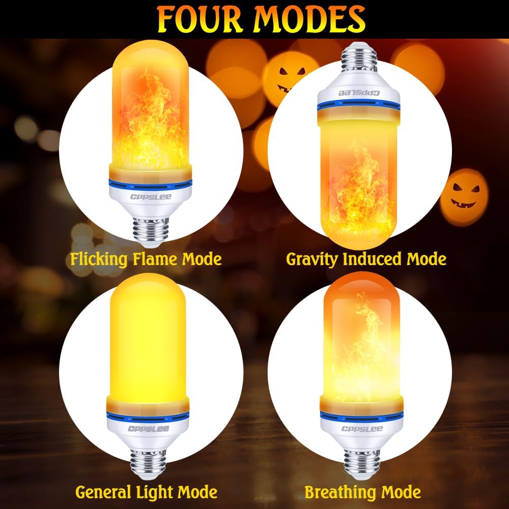 CPPSLEE Upgraded LED Flame Light Bulbs, 4 Modes Flickering Light Bulbs, E26 Base Fire Flame Bulb for Halloween Decorations Outdoor, Christmas Lights Patio Indoor Home Decor (Yellow, 4 Pack)