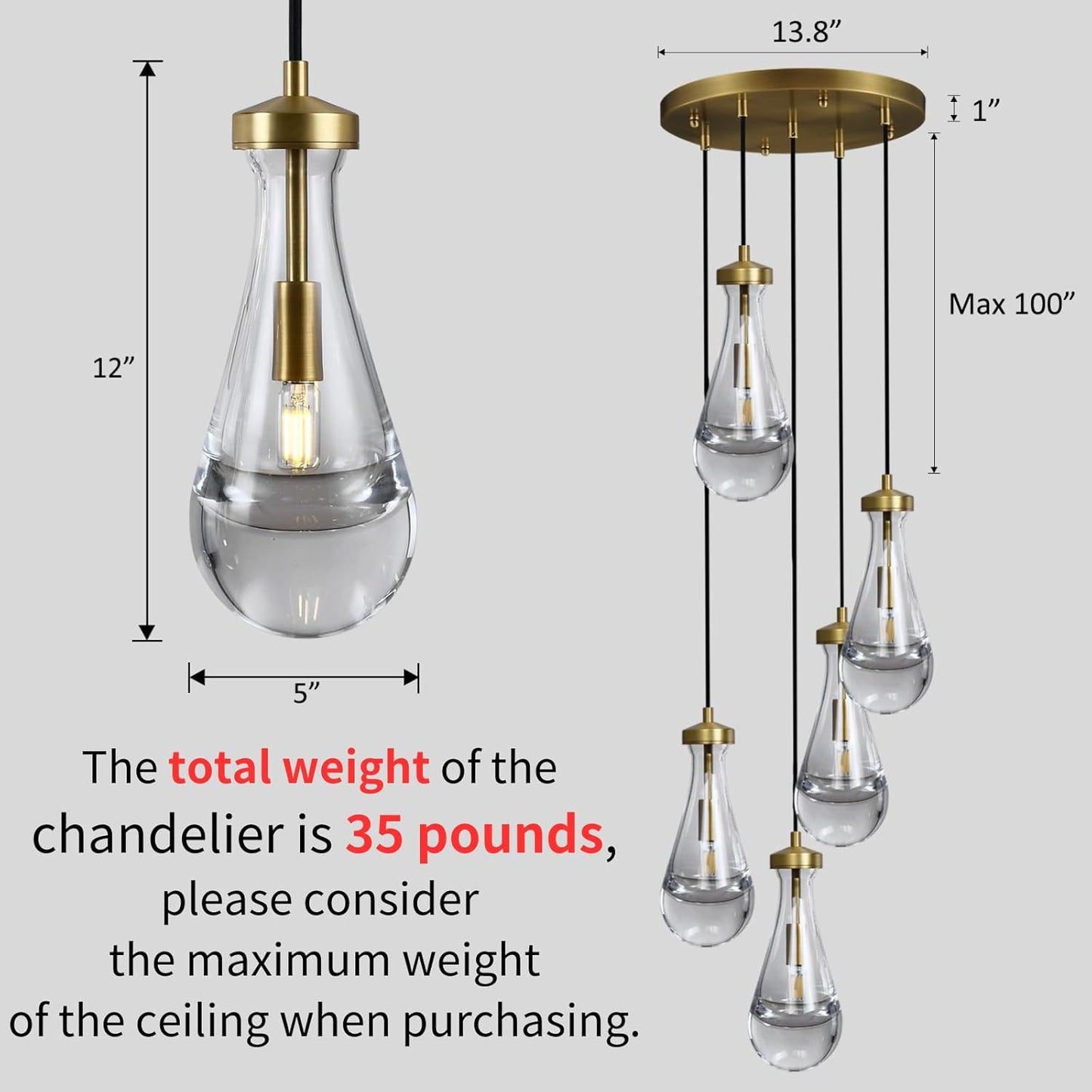 Gold 5 Light Cluster Pendant Lighting, Raindrop Chandeliers Brass Dining Room Lights Fixture, Teardrop Pendant Lights Kitchen Island, Hanging Lamp Ceiling for Entryway Foyer Staircase