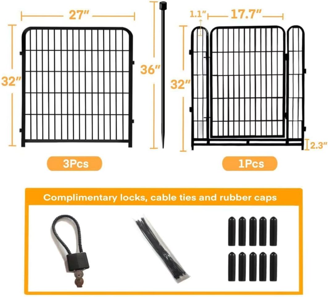 Garden Fence with Gate 32 in(H)×27 in(L) 4 Panels,Fence Blocker for Dogs, Heavy Duty Iron Animal Barrier Fence,Suitable for Indoor Pet Or Outdoor Dog Fencing, Total 8.9 Ft(L), Black