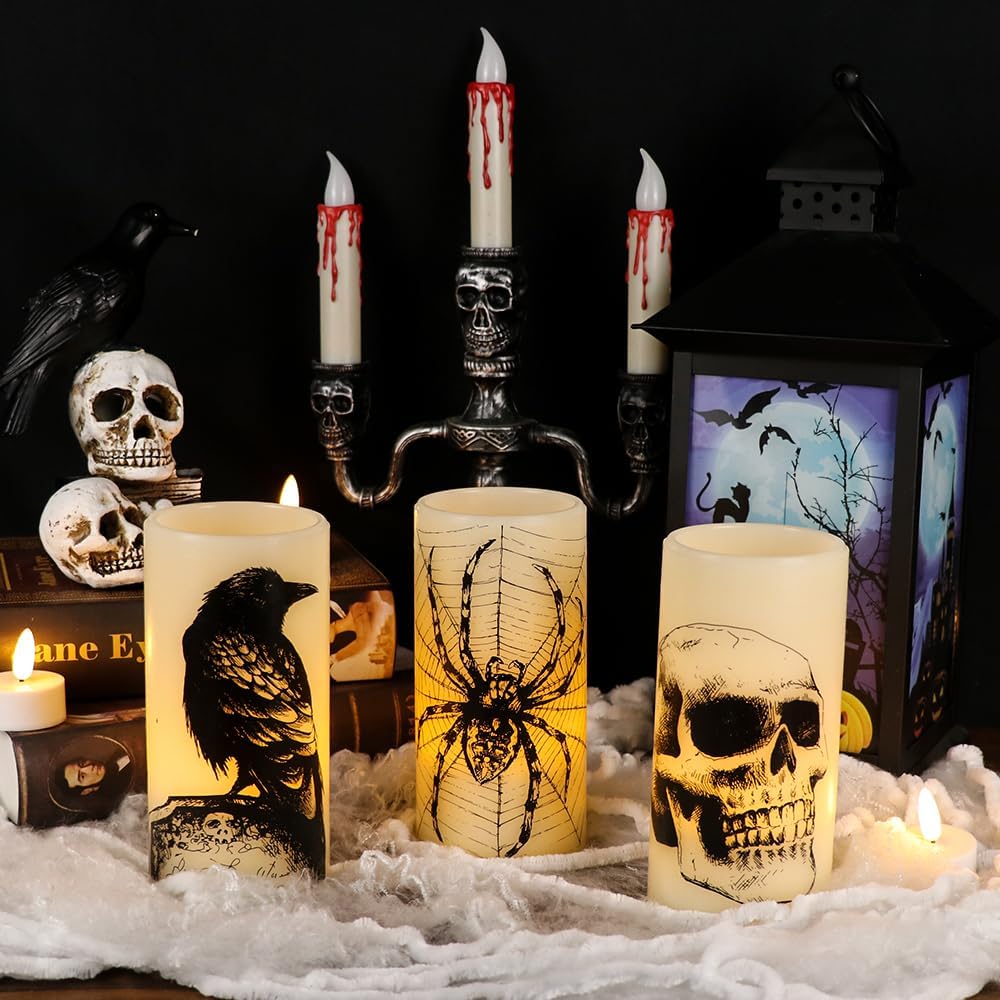 Halloween Flameless Candles with 6H Timer, LED Pillar Candles mit Skull, Spider Web, Crow Raven Decals Set of 3, Battery Operated Real Wax Candles, Halloween Decor Horror Gothic Punk