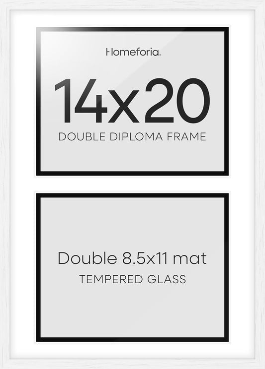 Homeforia 14x20 Double Diploma White Frame, High End Oak 14 x 20 Certificate Wood Frames with Mat for Two 8.5x11 Diplomas, 20x14 Wooden Dual Award Graduation Frames, Tempered Glass, Wall Kit, Set of 1