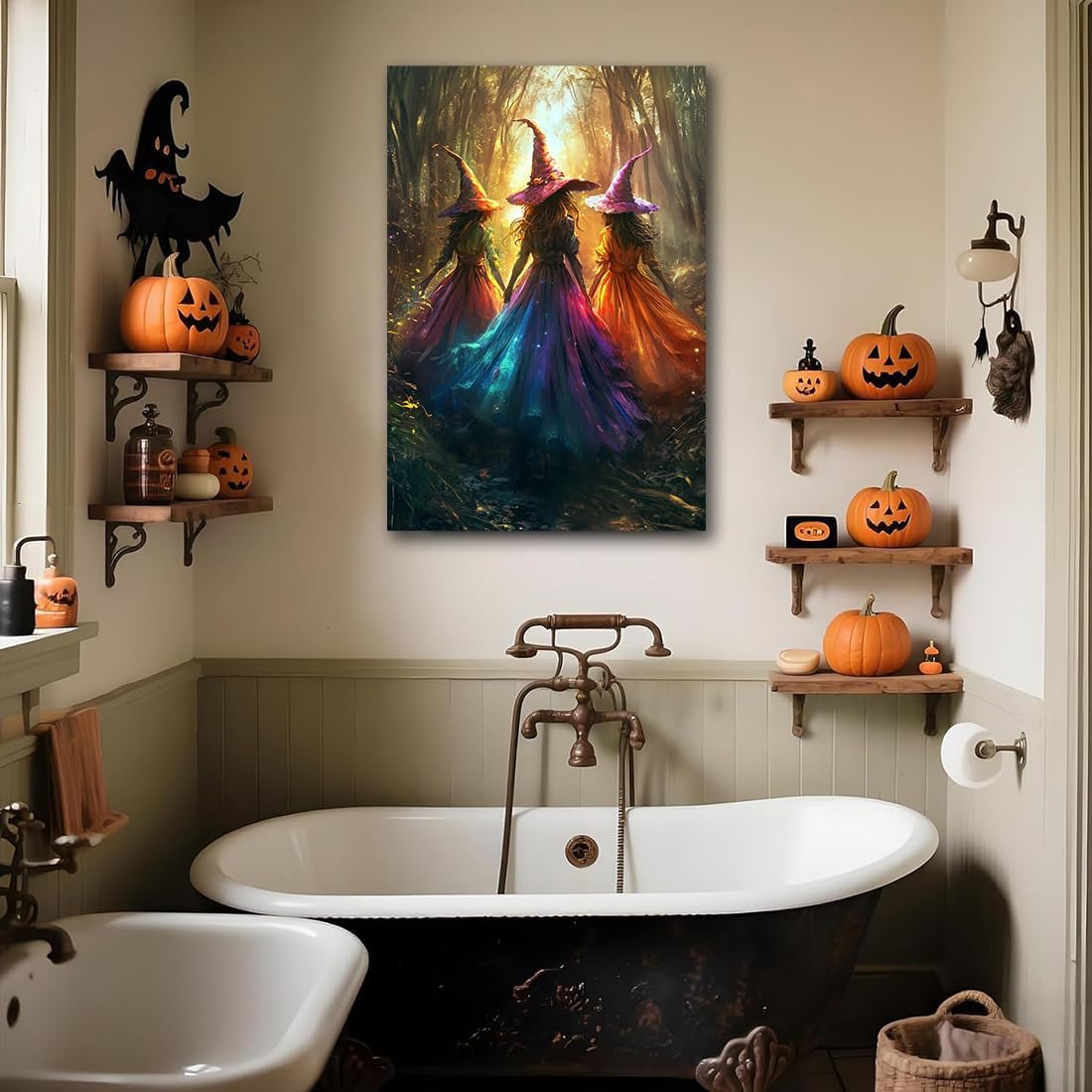 Halloween Room Decor Wall Art Colorful Witch Prints,Vintage Three Colorful Witches in Forest Halloween Posters,Fall Fantasy Aesthetic Pictures Playful Art Wall Decor for Bedroom,24"x36" Unframed