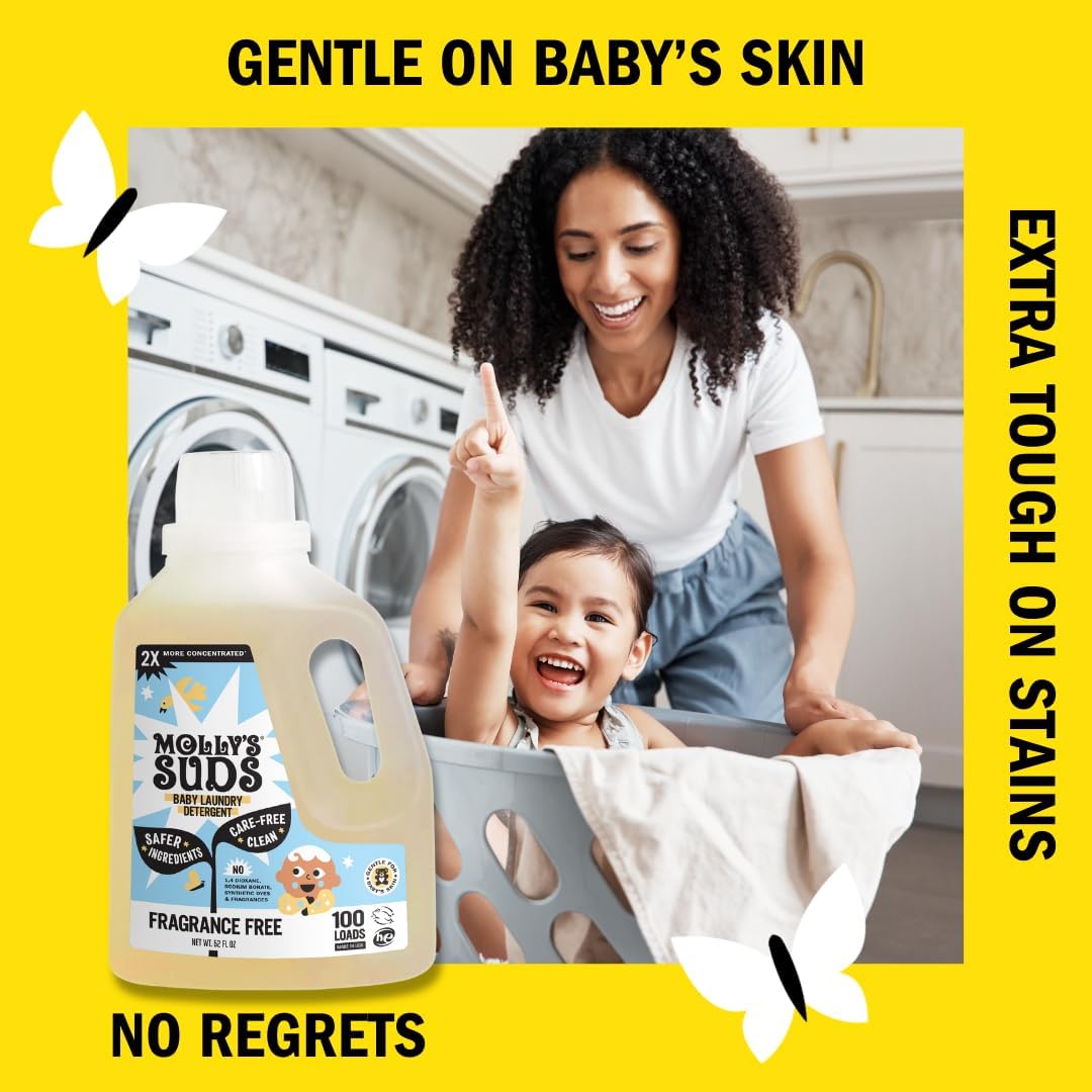 Molly's Suds Baby Liquid Laundry Detergent | Removes Formula, Poop & Spit-Up Stains | Extra Gentle for Infants, Babies, Toddlers (Fragrance Free, 200 Loads)