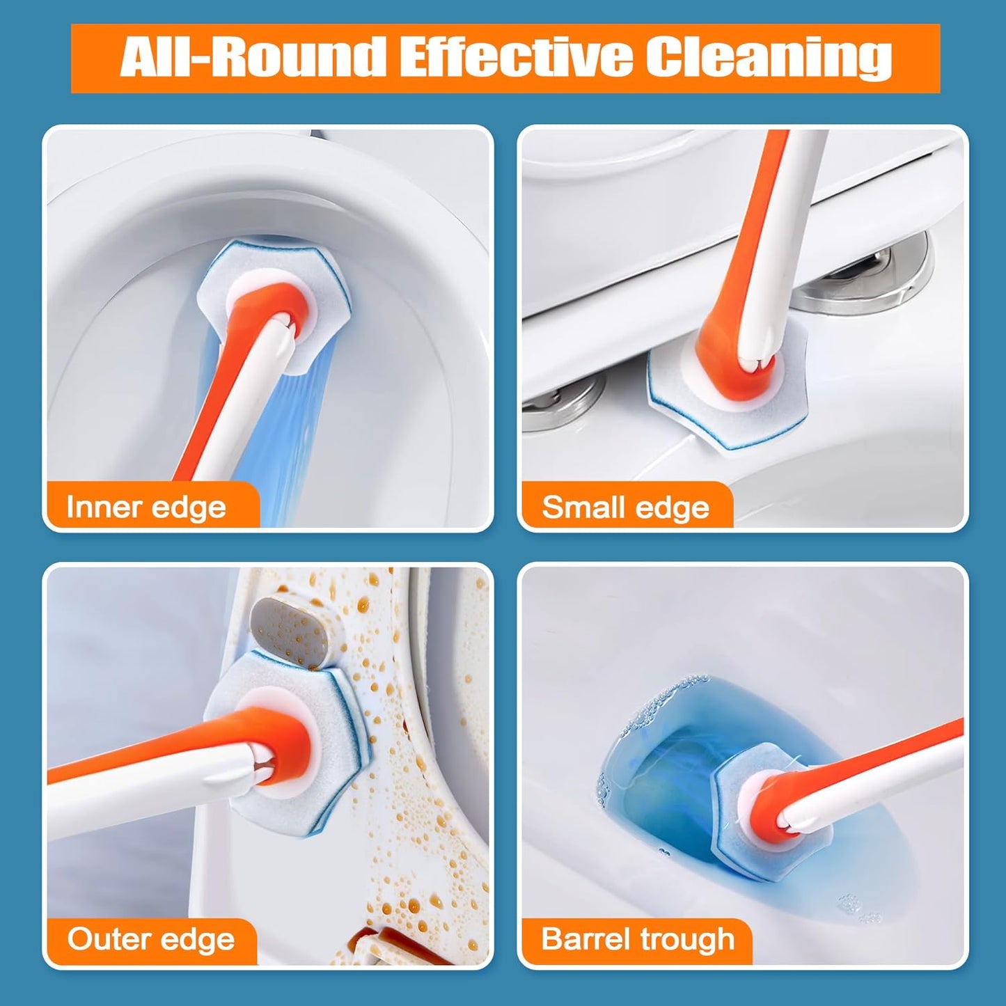 JEHONN Disposable Toilet Bowl Cleaner Wand with 40 Cleaner Refills, Wall Mounted Long Handle Compact Bathroom Scrub Brush Holder Set for Sink Bathtub Wash Basin Mop Pool (Orange)