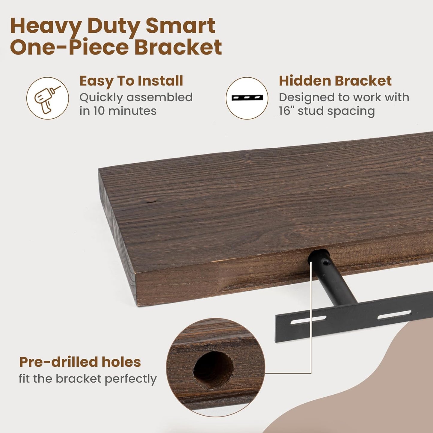 Floating Shelves for Wall Decor, Rustic Solid Elm Wood Floating Shelves Wall Mounted, Wall Shelves with Invisible Bracket for Living Room Bathroom Bedroom Kitchen, 55 Inch, Walnut