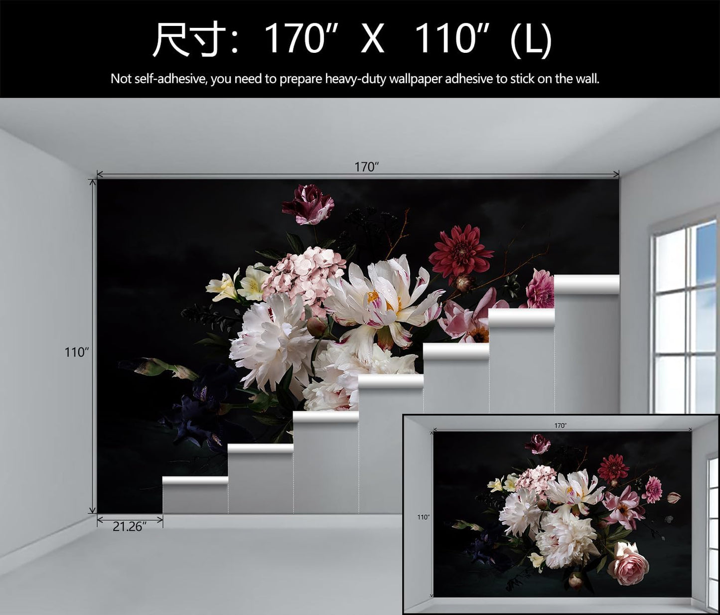 Dark Floral Wallpaper Mural Vintage Peony Flowers Black Background Wall Mural Bedroom (Not Peel and Stick)