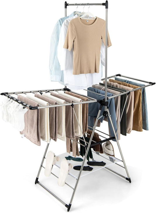 Giantex Clothes Drying Rack, Foldable Laundry Drying Rack with with 6-Level Adjustable Height, High Hanger Design, Side Clips, Space Saving Collapsible Laundry Drying Rack