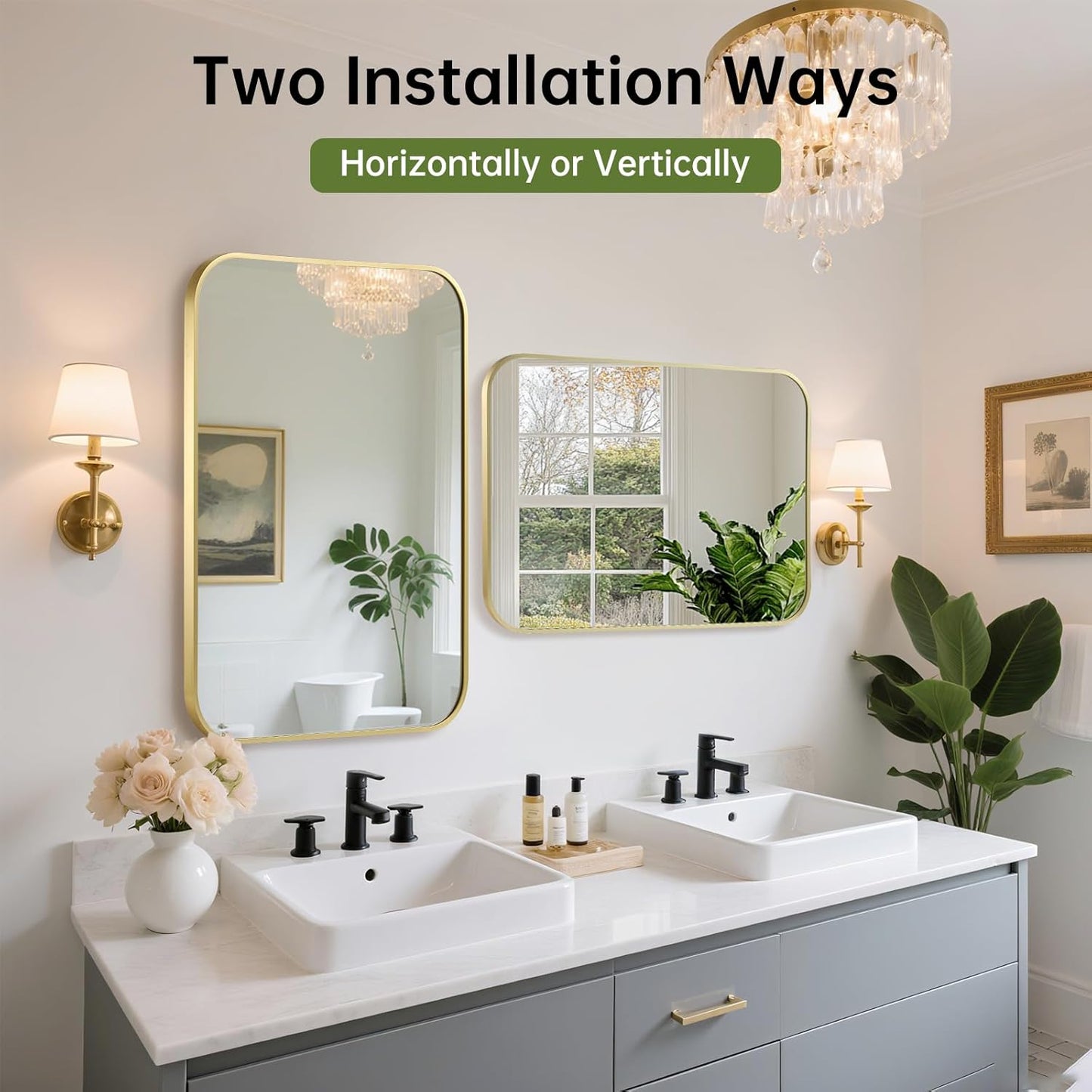 FARMER 24x32 Inch Gold Bathroom Mirror, Rectangle Vanity Mirror, Brushed Mirrors for Wall, Metal Frame Hanging Mirror with Round Corner for Bedrooms, Entryways, Living Rooms, Horizontal/Vertical