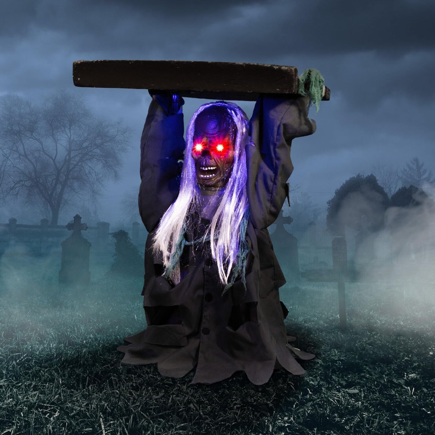 Haunted Hill Farm Tombstone Lifter by Tekky, Battery-Operated, Sound Activated Animatronic Zombie with Sound Effects and Lights for Indoor or Covered Outdoor Creepy Halloween Decoration