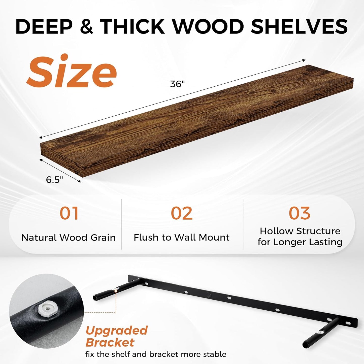 36Inch Floating Shelves for Wall 2 Pack Wood Shelves for Kitchen, Bathroom, Bedroom Wall Mounted Rustic Wood Floating Shelf with Invisible Brackets for Books, Storage, Decor, Rustic Brown