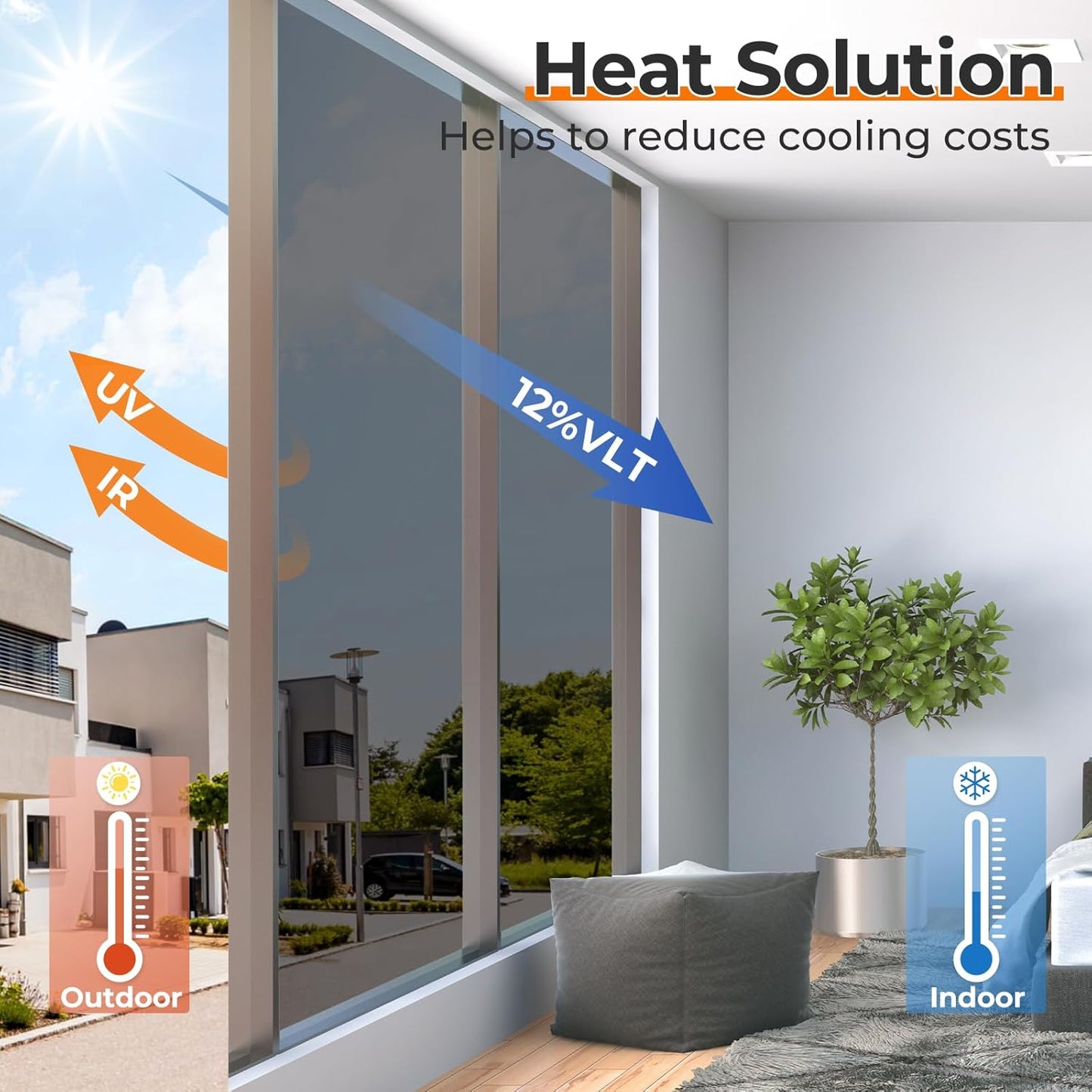 DOWELL Window Privacy Film, One Way Window Tint for Home, Static Cling Anti UV Sun Blocking Reflective Mirror Film, Heat Control See Out Not in Glass Tinting, Black Silver, 35.4" x 157.5"