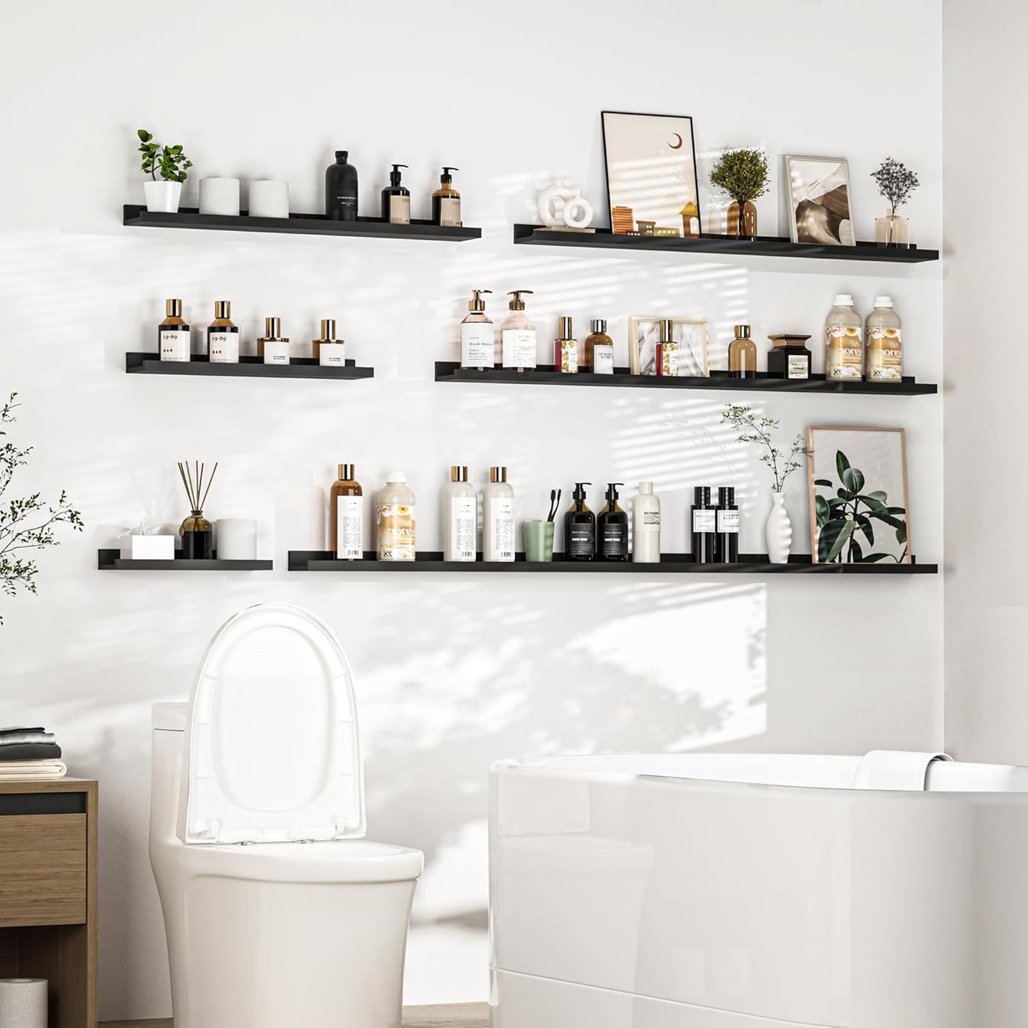 Heimlove Picture Ledge Shelf, Small Floating Shelves Set of 2, 16 Inches Picture Shelf for Wall with Ledge, Kids Bookshelf Wall Mounted for Living Room Bedroom Decor Books Photo Frames, Black