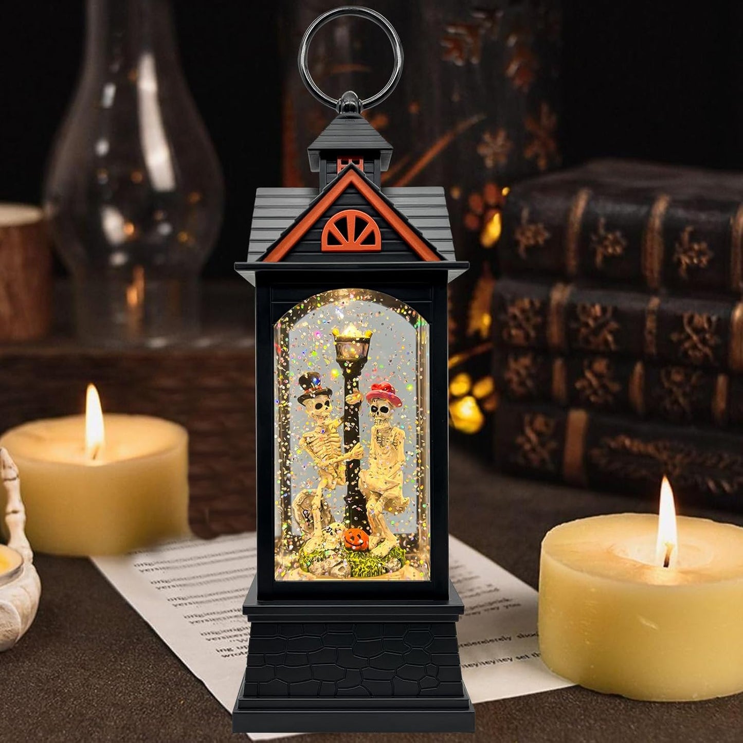 Halloween Snow Globe Lantern with 6 Hour Timer,Halloween Decorations Indoor for Home,Halloween Decor,USB or Battery Powered for Halloween Lanterns,Halloween Skeleton-A