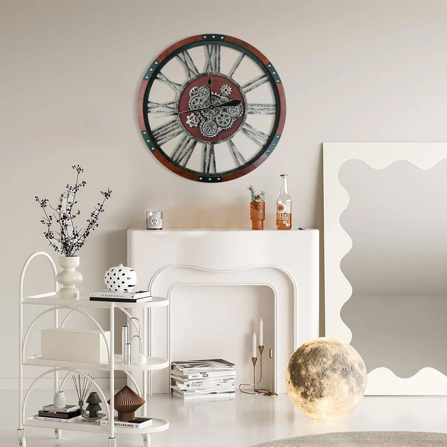 30Inchs Moving Gears Wall Clock, Oversized Wall Clocks, Clock Living Room Decor, Solid Wood Frame, Battery Operated, Large Wall Clock with Steampunk Industrial for Fireplace(Black Walnut)