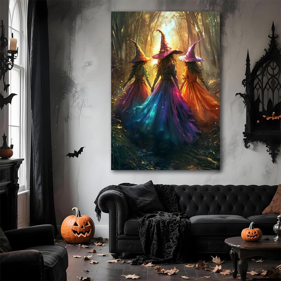 Halloween Room Decor Wall Art Colorful Witch Prints,Vintage Three Colorful Witches in Forest Halloween Posters,Fall Fantasy Aesthetic Pictures Playful Art Wall Decor for Bedroom,20"x30" Framed