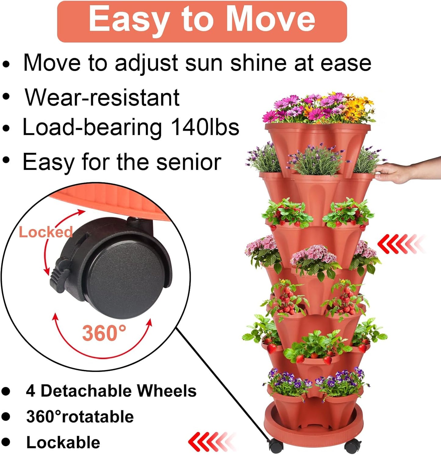 DUNCHATY Stackable Planters 7 Tier Vertical Garden Planting Tower Planters Strawberry, Herb, Flower, and Vegetable Planter Indoor Outdoor Gardening Pots with Removable Wheels and Tools
