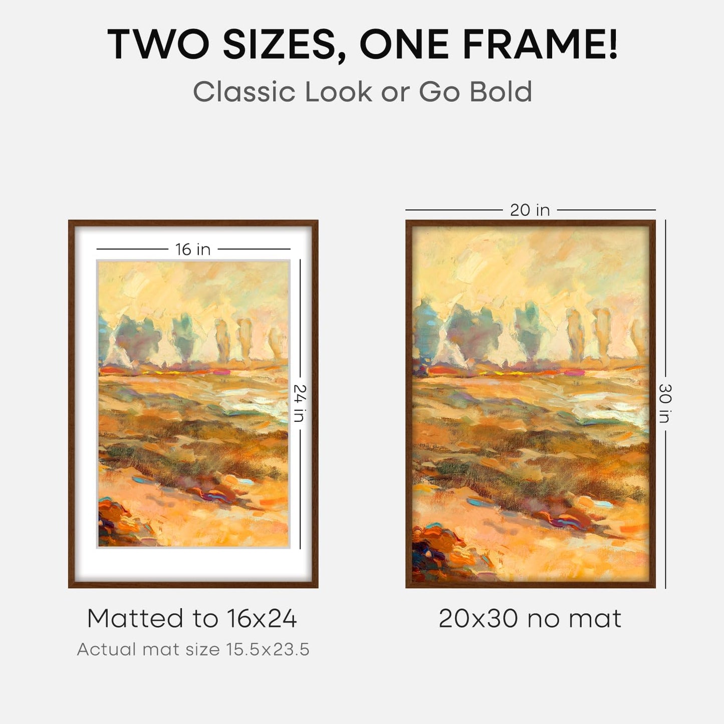 Homeforia 20 x 30 Walnut Frame, High End Dark Oak 20x30 Wooden Poster Frames with Mat 16x24, 20 x 30 Brown Wood Picture Frame Matted to 16 x 24, 30x20 Hanging Frame, Tempered Glass, Wall Kit, Set of 1