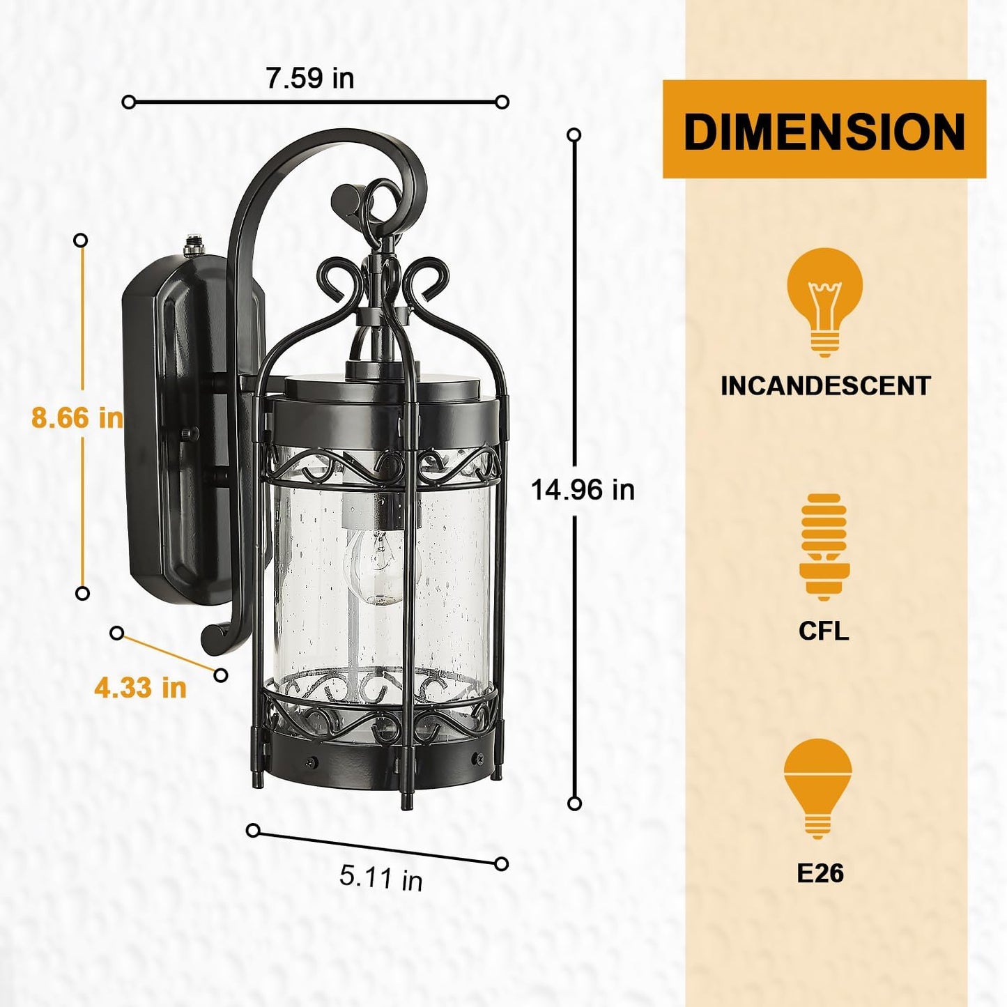 Dusk to Dawn Sensor Outdoor Wall Sconce,14.96" H Vintage Exterior Light Fixture with IP65 Waterproof,Classical European Style Porch Light with Bubble Glass for Garage Yards Patio