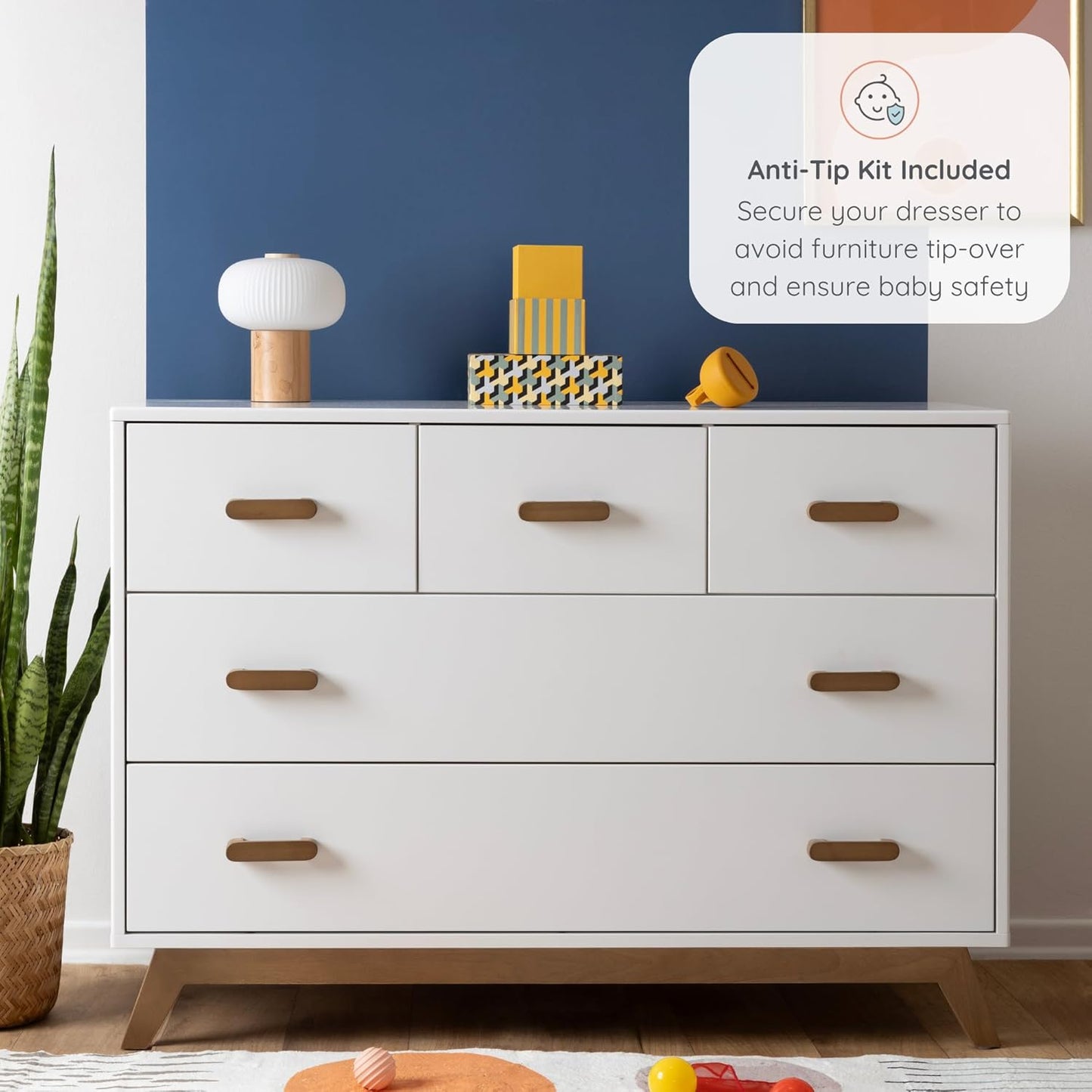 dadada Soho 5-Drawer Dresser for Nursery and Bedroom - Modern Design, Large Storage, Baby-Safe Finish, Soft Close Drawers, Anti-Tip Safety, Sturdy Legs & Solid Wood Handles, 47” Wide (White+Walnut)