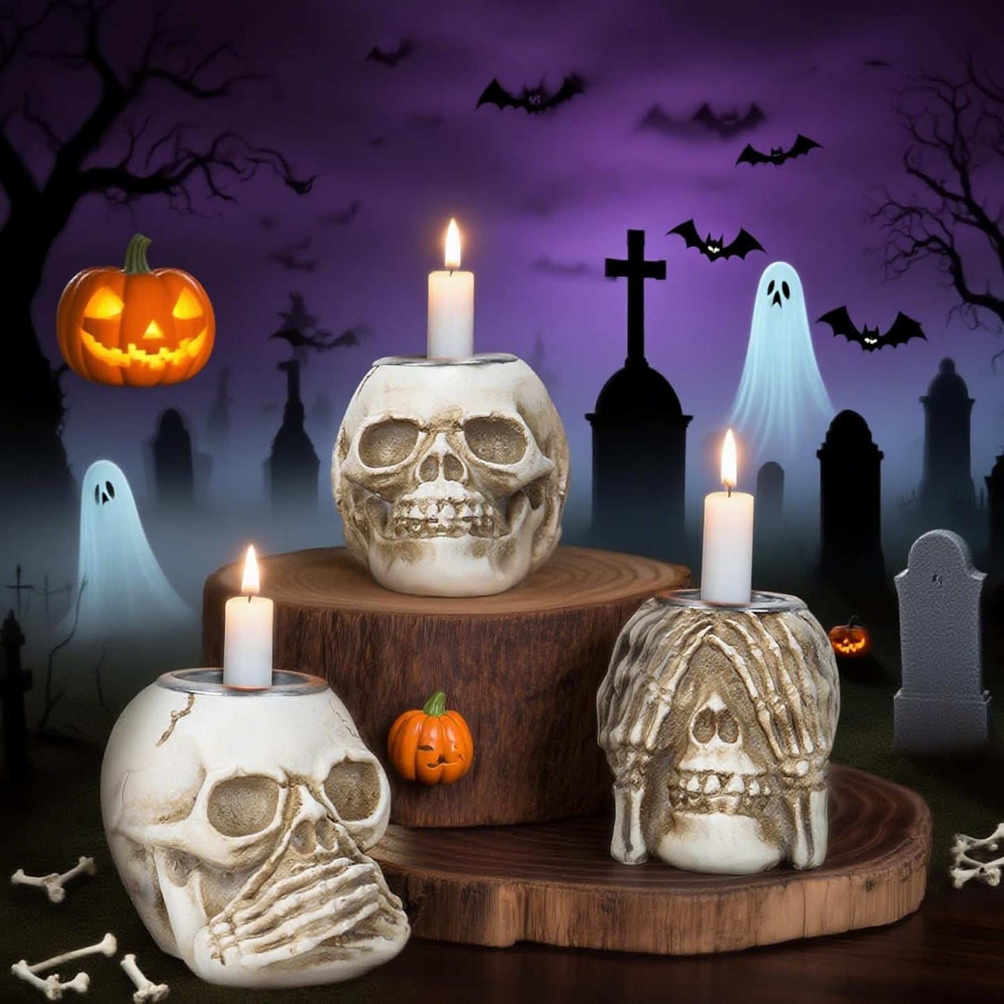 Halloween Skull Candle Holder, Skeleton Head Candlestick Holders Table Decor Centerpiece Candlesticks, Resin Horrible Spooky Creepy Crafts for Flameless Candle Halloween Christmas Home Party, Set of 3