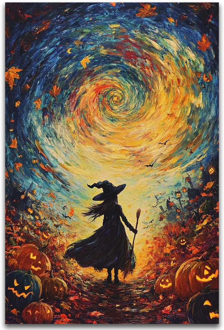 Halloween Autumn Witchy Decor Wall Art Prints,Gothic Witch in Whirlwind Autumn with Pumpkins Scene Pictures Poster,Fall Festival Home Decor Painting Canvas Poster for Bedroom Bathroom,16"x24" Unframed