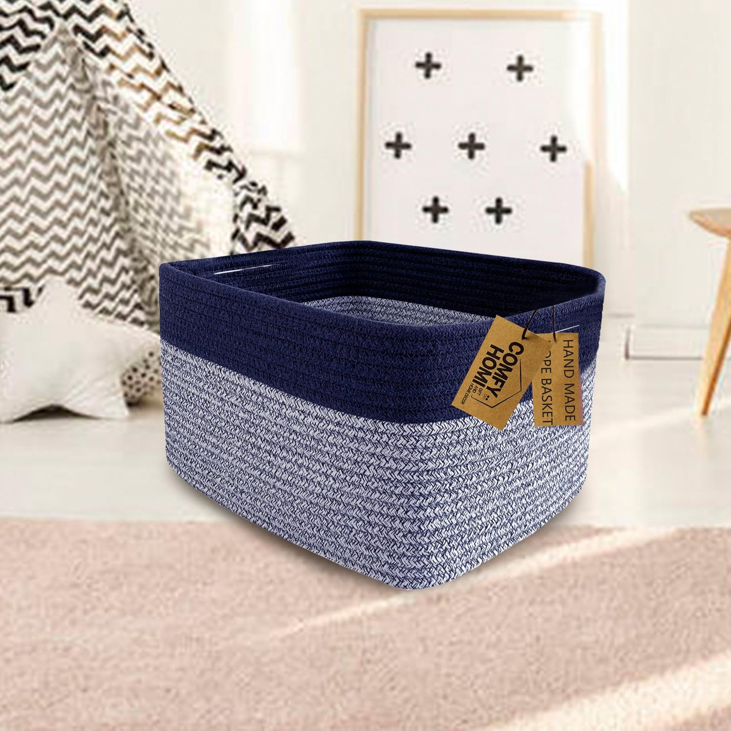 COMFY-HOMI Rectangular Cotton Rope Basket With Handles for Shelves|Dog Toy|Baby Gift - Dark Blue (13.5" x 11" x 9.5")