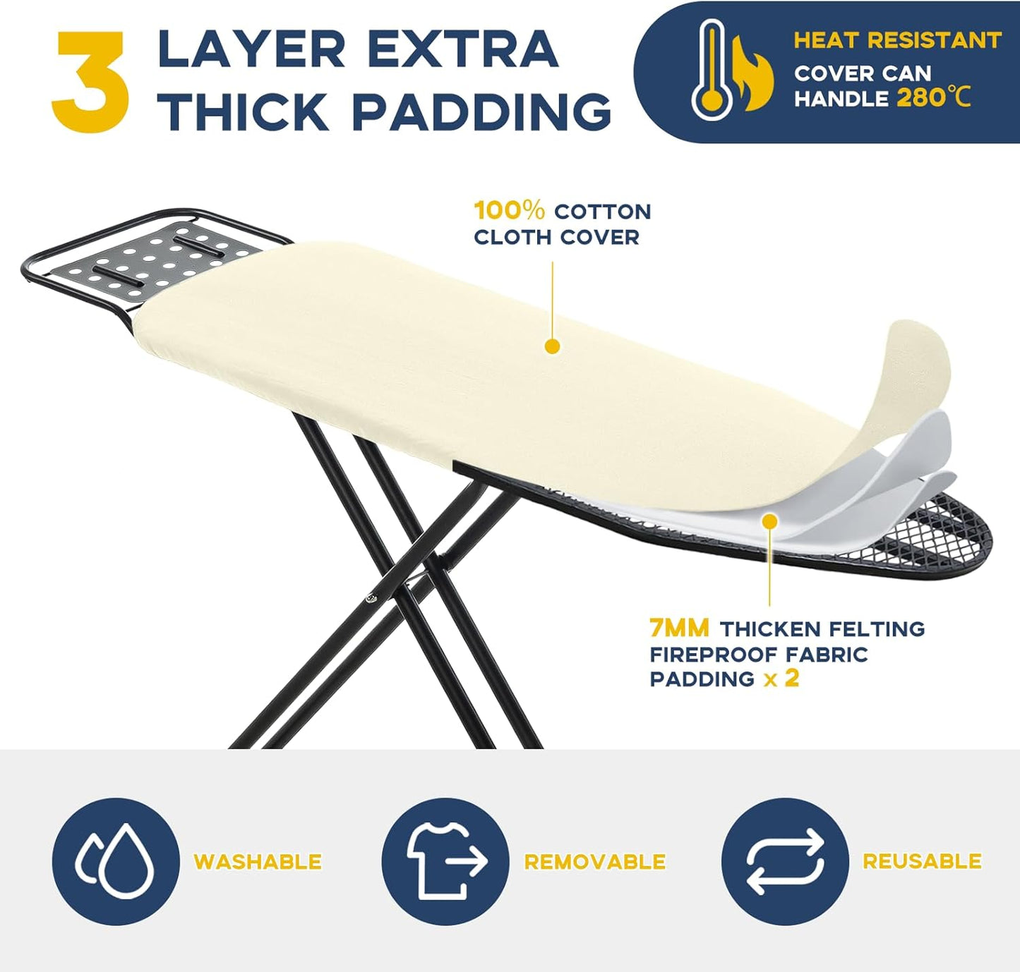 Ironing Board Full Size, RAINHOL Compact Iron Board with Iron Rest, Heat Resistant Cover with Ultra Thick Padding, Height Adjustable Heavy Duty for Home, Dorm, 43x13 Ivory