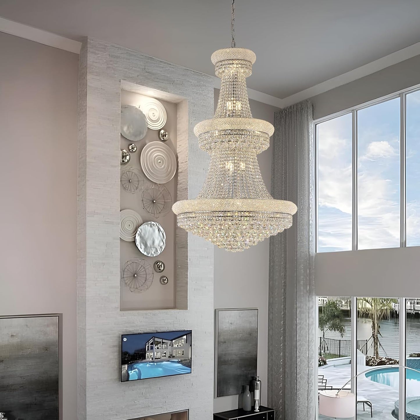 31 - Light Large Empire Crystal Chandelier for High Ceiling Foyer Entryway Staircase Living Room Dining Room Chrome Finish