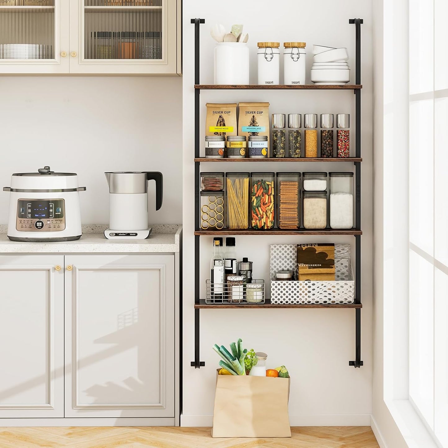 Giantex 4-Tier Industrial Bookshelf, Wall Mounted Pipe Shelving Unit, Floating Shelves with Metal Frame, Hanging Wall Display Shelf, Wood Ladder Bookshelf for Living Room, Kitchen, Rustic Brown