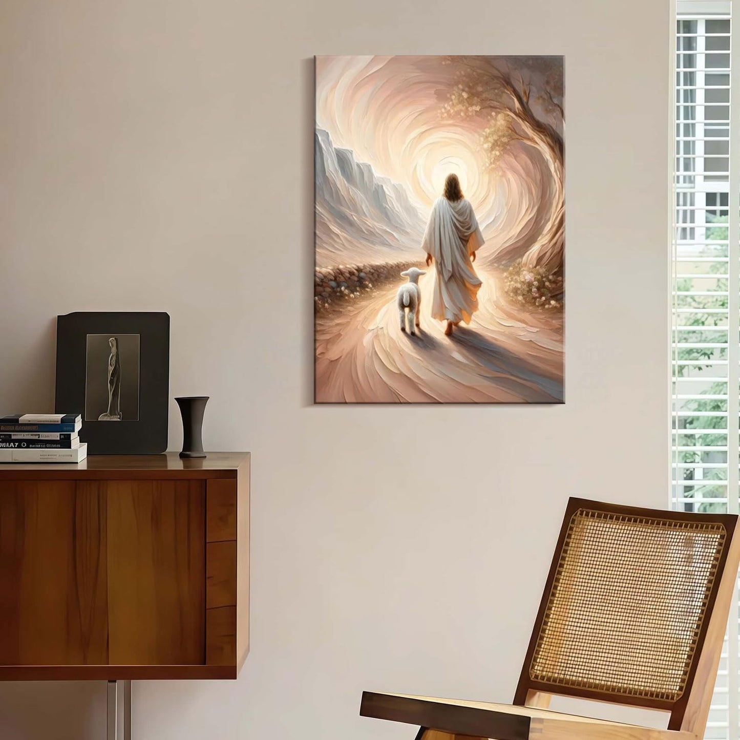 Framed Canvas Jesus and Lamb Wall Decor Wall Art Gallery Decoration Unique Print Wall Decor for Living Room Bedroom Church Home Decor 16x24 Inch Ready to Hang