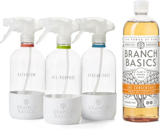 Branch Basics Cleaning Essentials Kit in Glass: All Purpose Cleaner and Bathroom Cleaner - Concentrate (33.8 Oz) + Glass Spray Bottles for Cleaning (16 Oz) Fragrance-Free