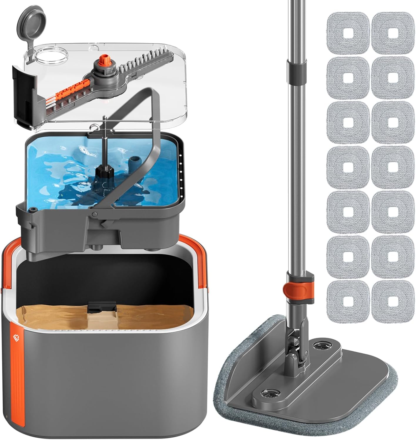 Upgraded Spin Mop and Bucket Self-Standing Mop Bucket Separate Dirty and Clean Water System Self Wringing 360° Rotating Clean Mop and Bucket Set (Drak Gray, 14Pads Mop and Bucket Set)